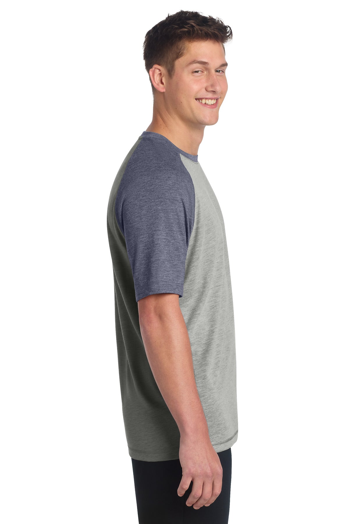 Sport-Tek PosiCharge Tri-Blend Wicking Raglan Tee. ST400 - True Navy Heather/ Light Grey Heather - side