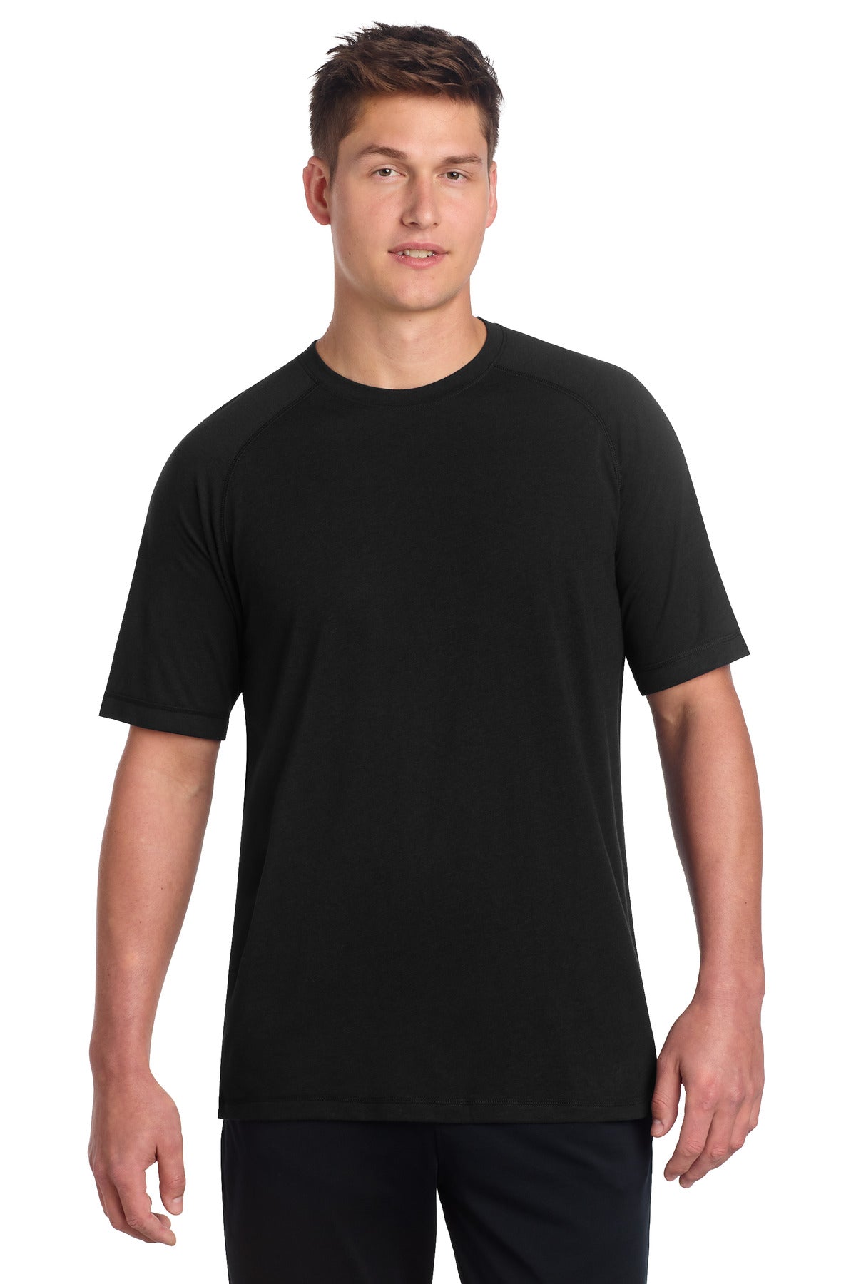 Sport-Tek PosiCharge Tri-Blend Wicking Raglan Tee. ST400 - Black Triad Solid - front