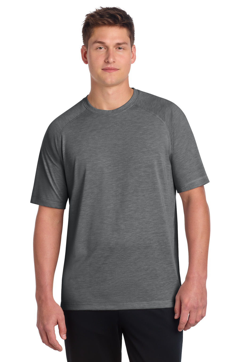 Sport-Tek PosiCharge Tri-Blend Wicking Raglan Tee. ST400 - Dark Grey Heather - front