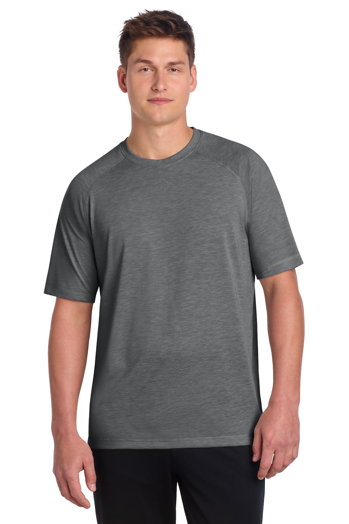 Sport-Tek PosiCharge Tri-Blend Wicking Raglan Tee. ST400 - Dark Grey Heather - front