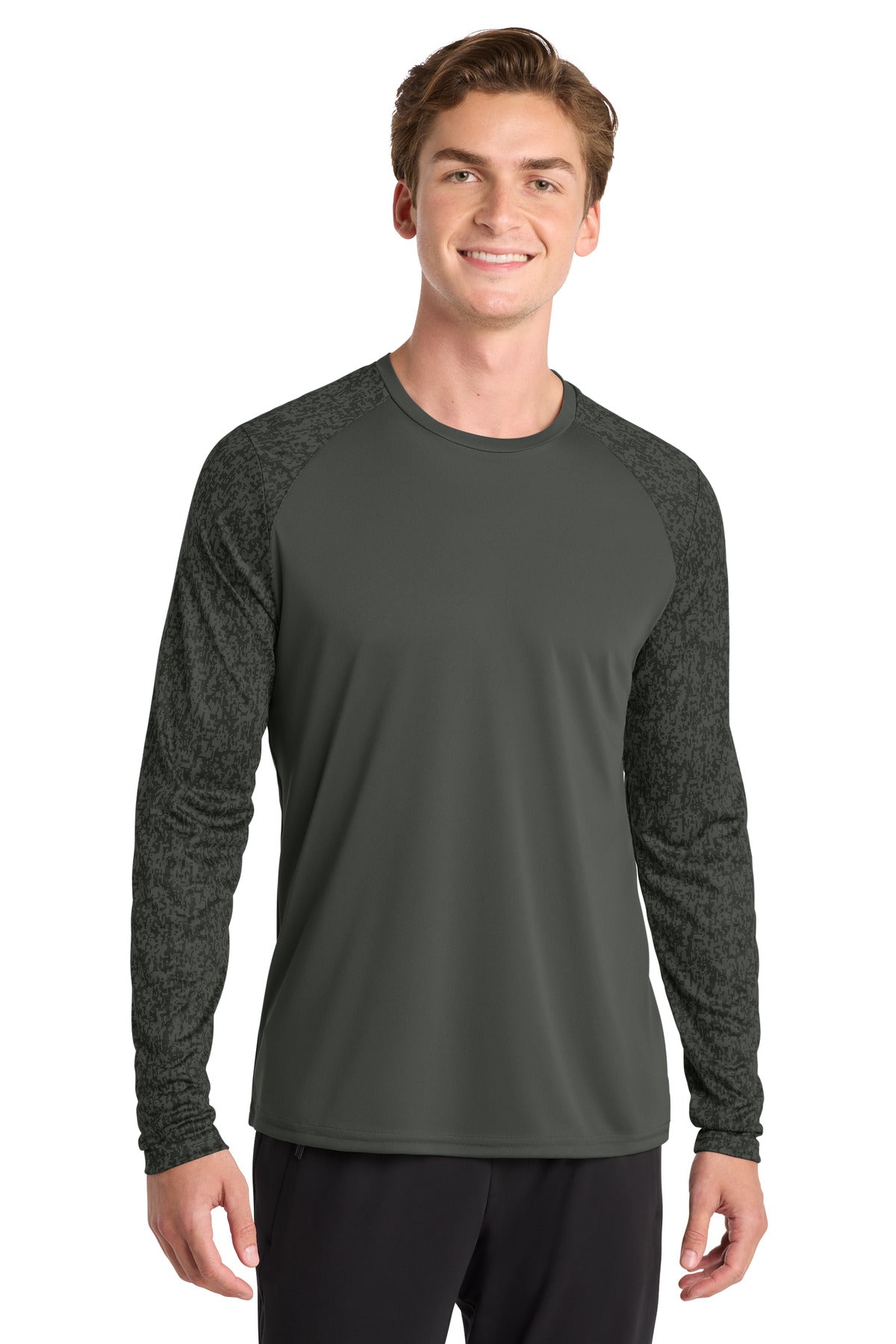 Sport-Tek Long Sleeve Digi Camo Tee. ST460LS - Black - front