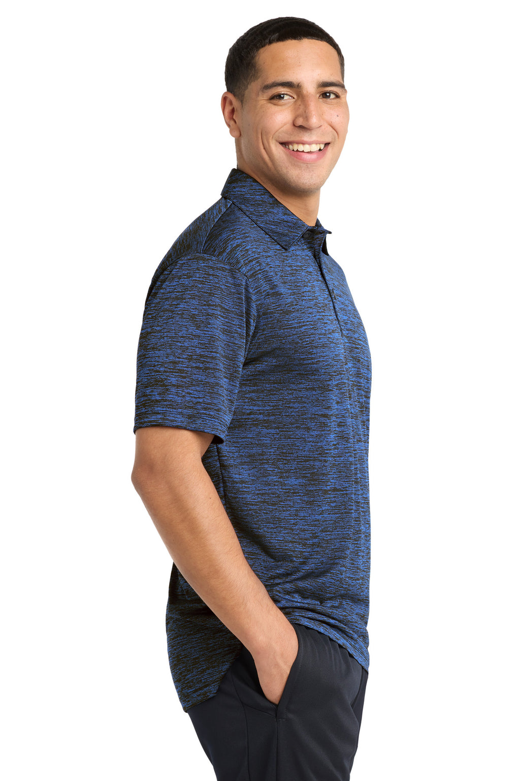 Sport-Tek PosiCharge Electric Heather Polo. ST590 - Dark Royal-Black Electric - side