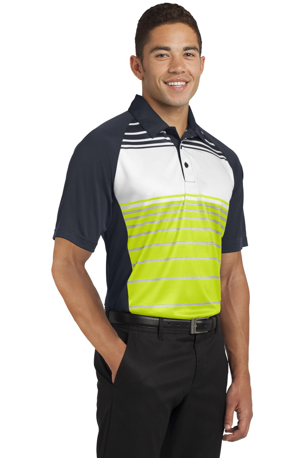 DISCONTINUED Sport-Tek Dry Zone Sublimated Stripe Polo. ST600 - Citron - three_q