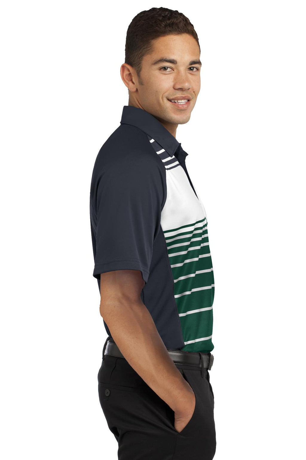 DISCONTINUED Sport-Tek Dry Zone Sublimated Stripe Polo. ST600 - Forest Green - side