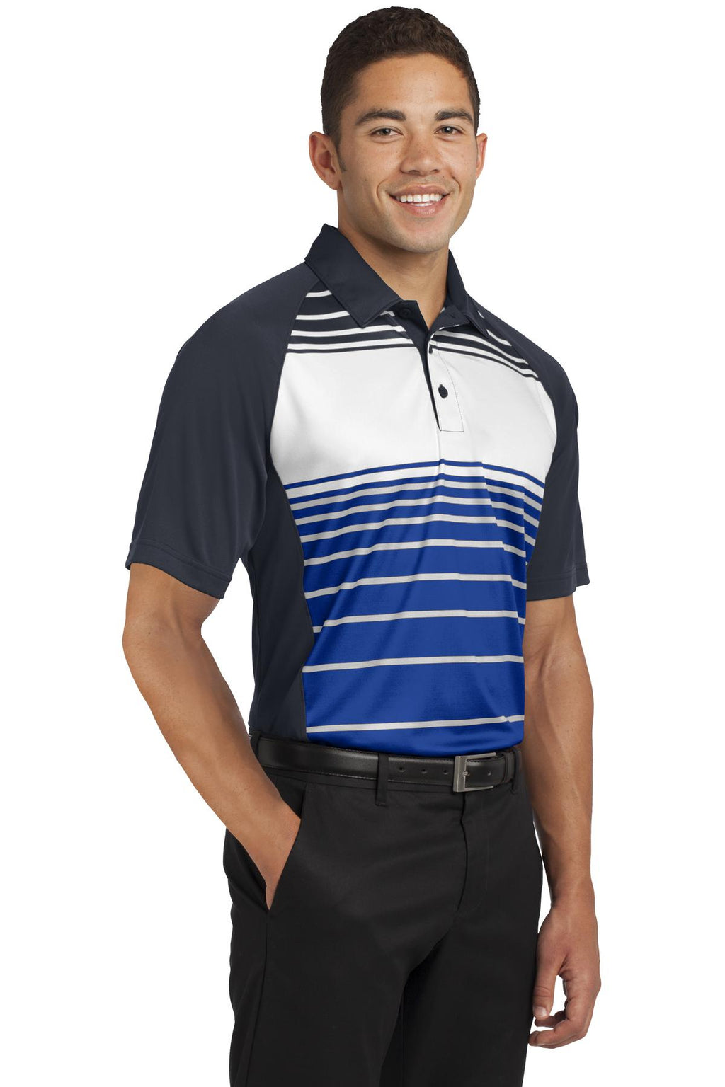 DISCONTINUED Sport-Tek Dry Zone Sublimated Stripe Polo. ST600 - True Royal - three_q