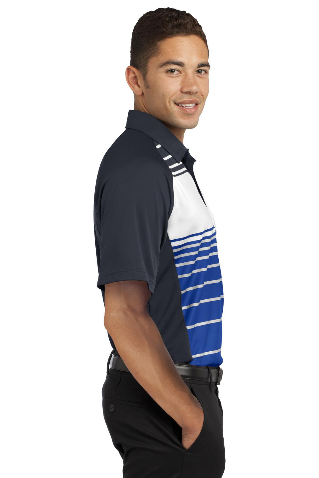 DISCONTINUED Sport-Tek Dry Zone Sublimated Stripe Polo. ST600 - True Royal - side