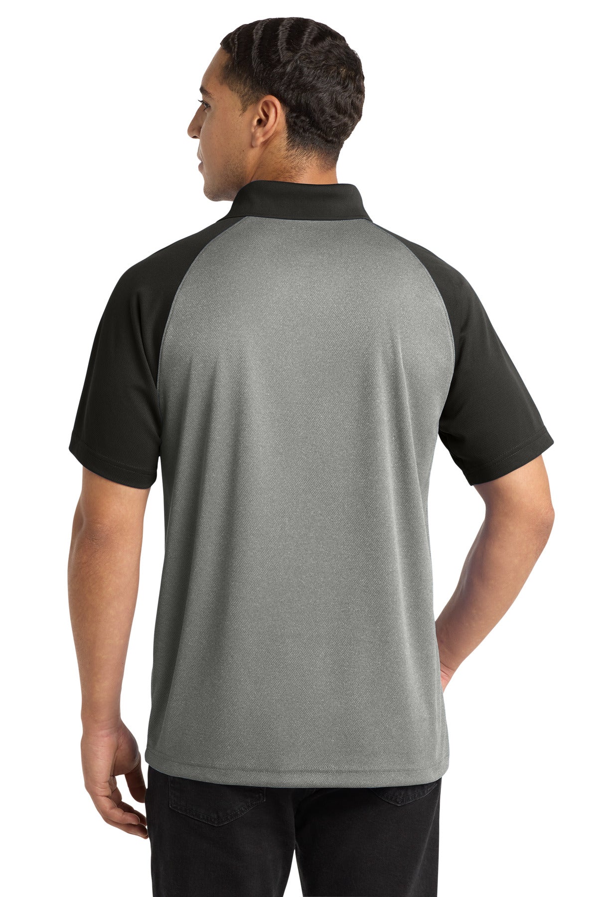 Sport-Tek PosiCharge RacerMesh Raglan Heather Block Polo. ST641 - Grey Heather/ Black - back