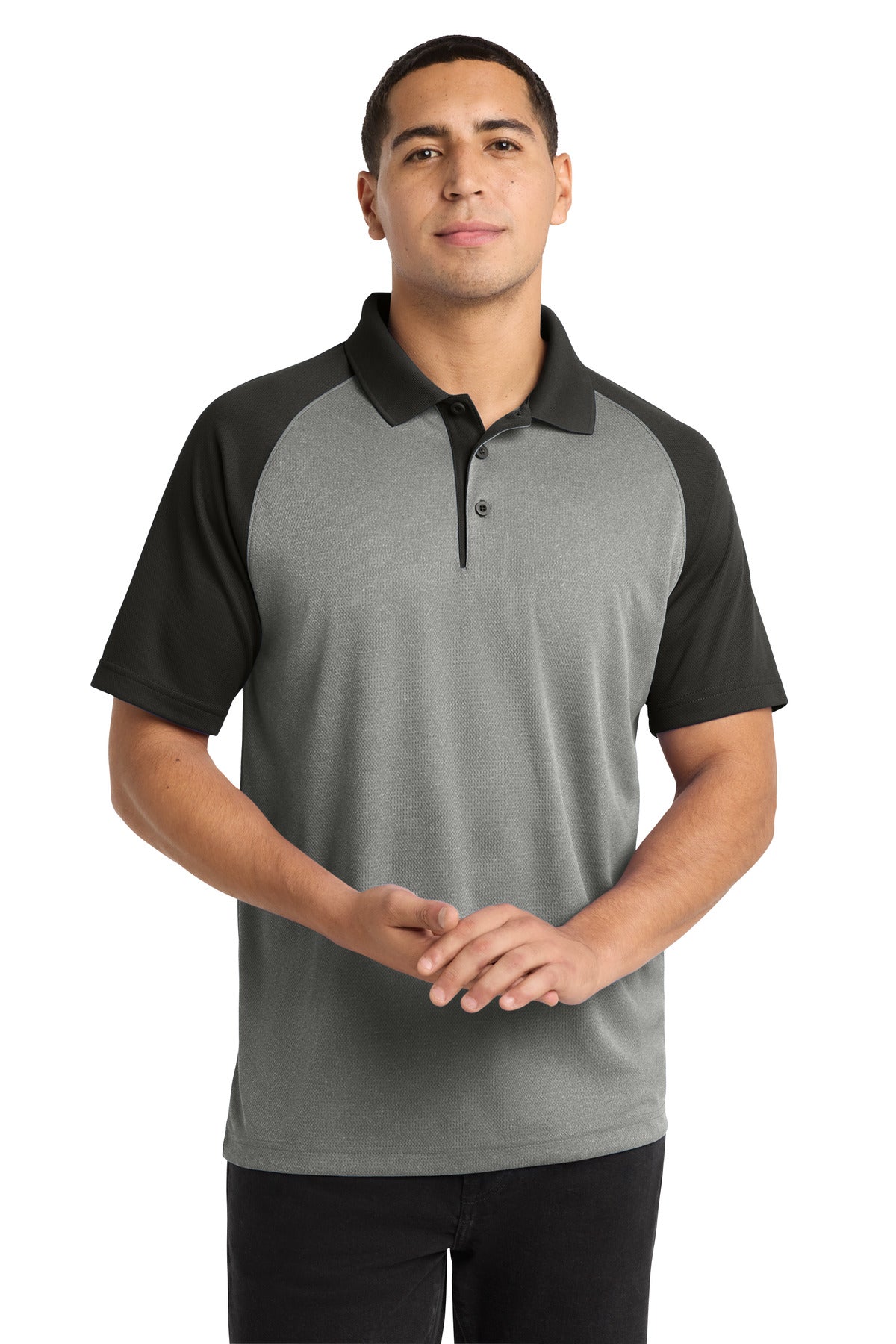 Sport-Tek PosiCharge RacerMesh Raglan Heather Block Polo. ST641 - Grey Heather/ Black - front