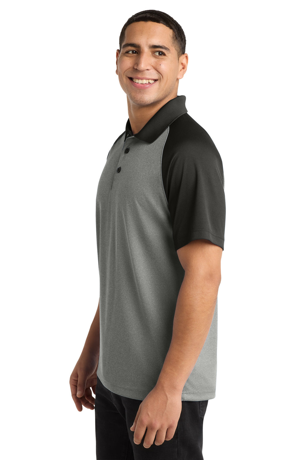 Sport-Tek PosiCharge RacerMesh Raglan Heather Block Polo. ST641 - Grey Heather/ Black - side