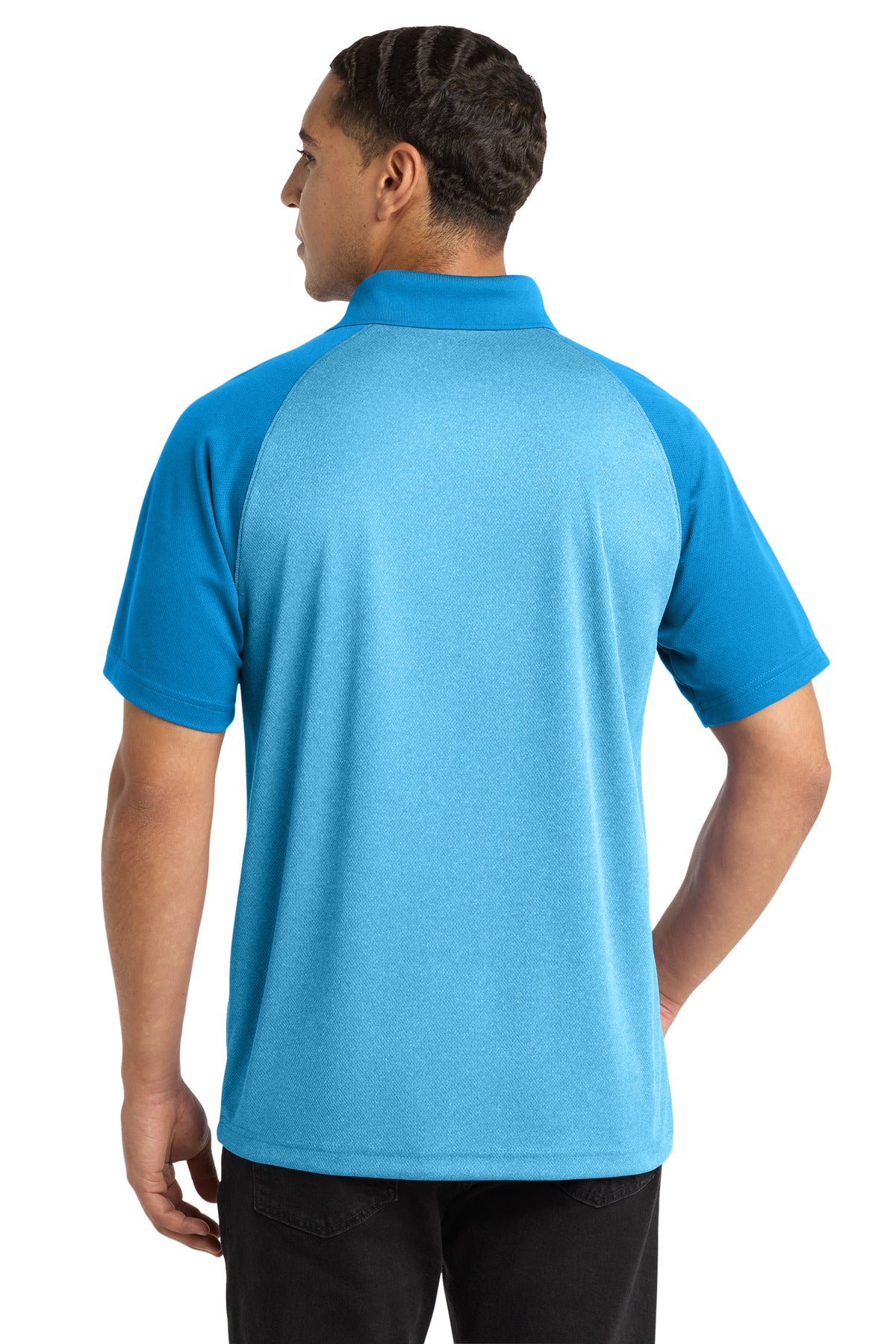 Sport-Tek PosiCharge RacerMesh Raglan Heather Block Polo. ST641 - Pond Blue Heather/ Pond Blue - back
