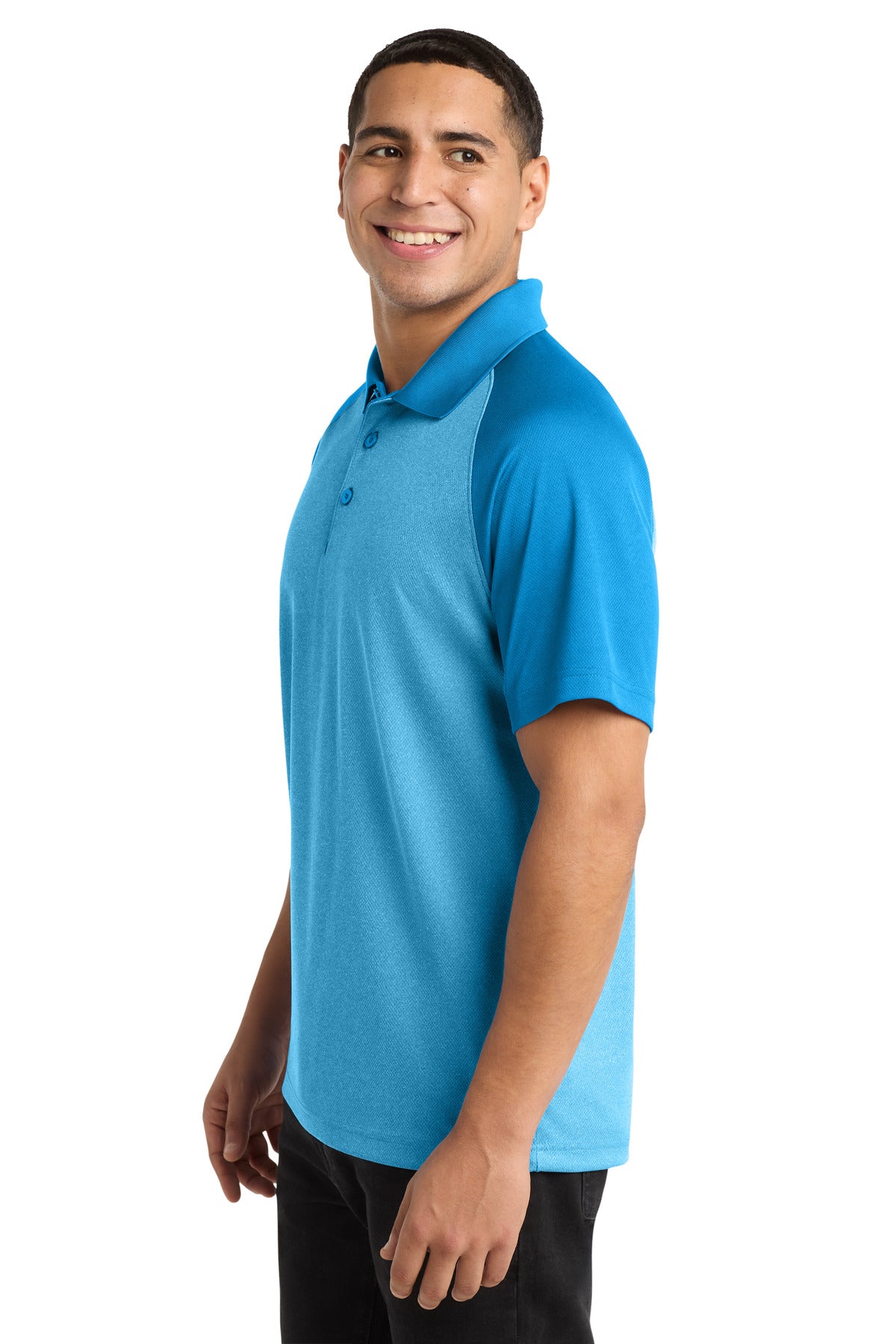 Sport-Tek PosiCharge RacerMesh Raglan Heather Block Polo. ST641 - Pond Blue Heather/ Pond Blue - side