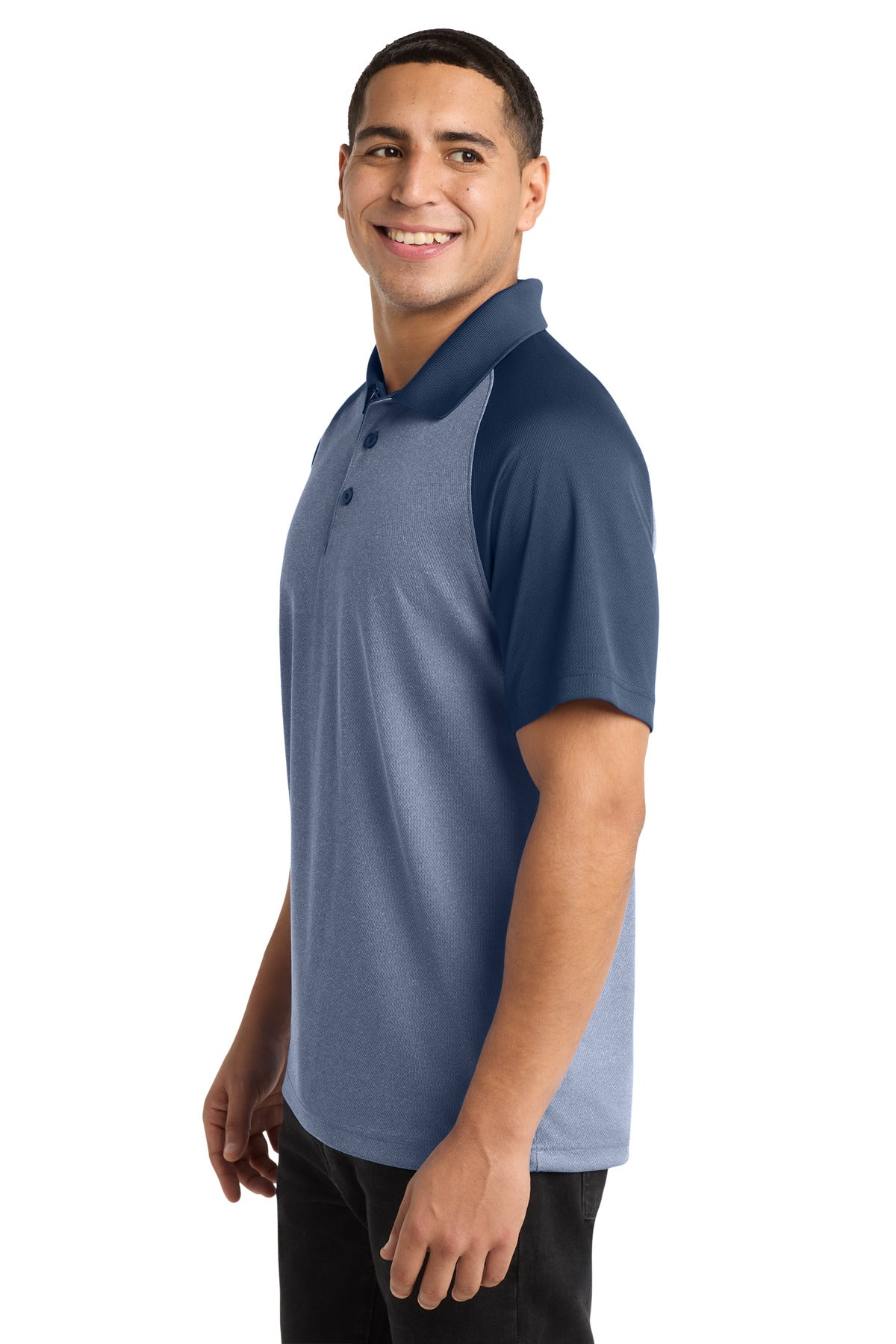 Sport-Tek PosiCharge RacerMesh Raglan Heather Block Polo. ST641 - True Navy Heather/ True Navy - side