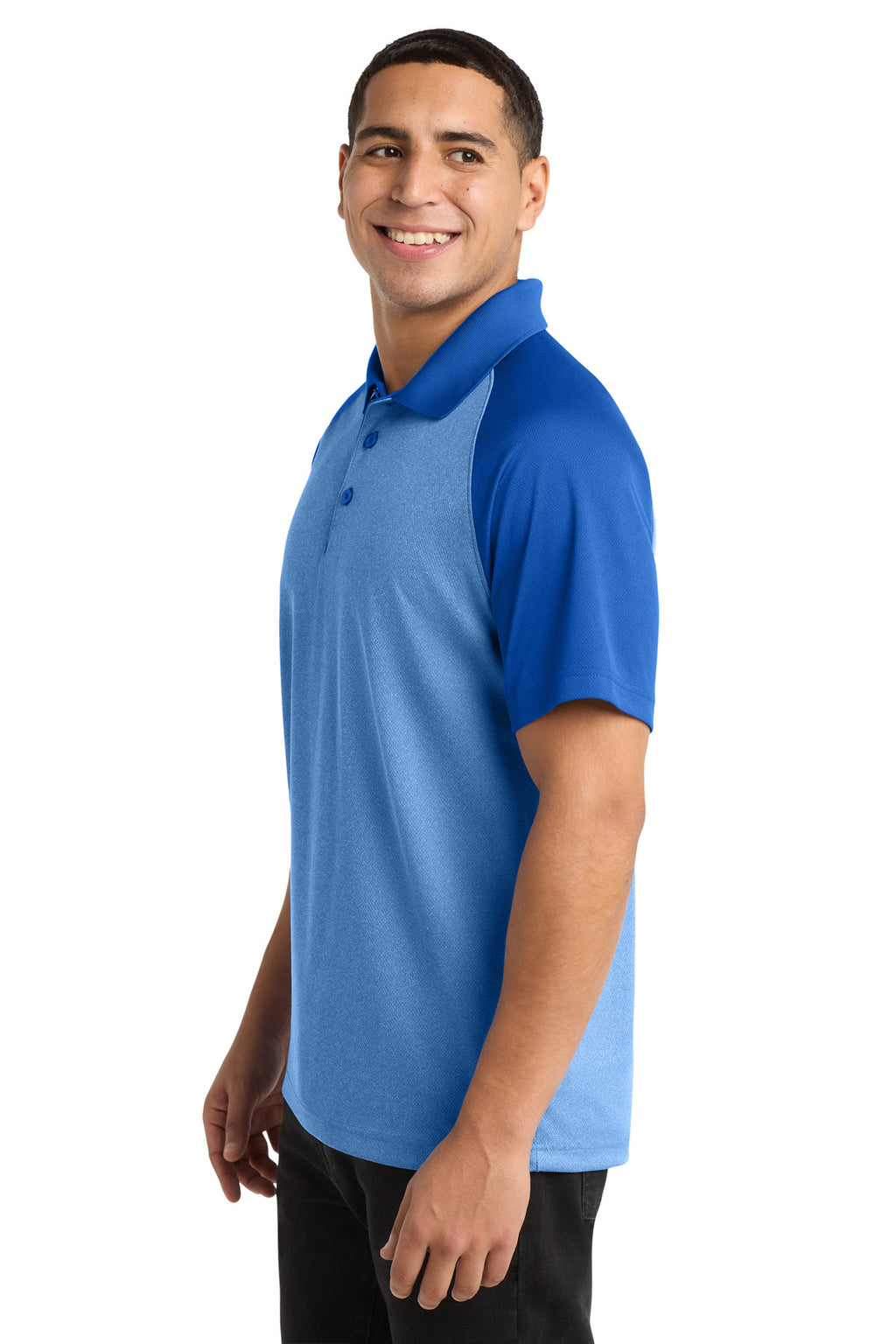 Sport-Tek PosiCharge RacerMesh Raglan Heather Block Polo. ST641 - True Royal Heather/ True Royal - side