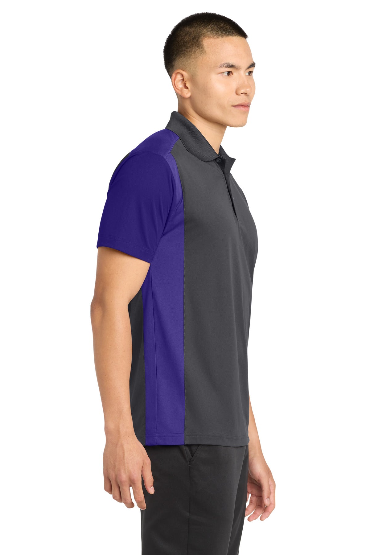 Sport-Tek Colorblock Micropique Sport-Wick Polo. ST652 - Iron Grey/ Purple - side