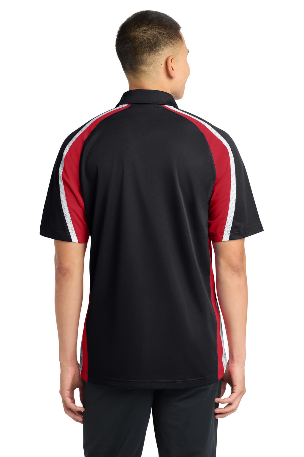 DISCONTINUED Sport-Tek Tricolor Micropique Sport-Wick Polo. ST654 - Black/ True Red/ White - back