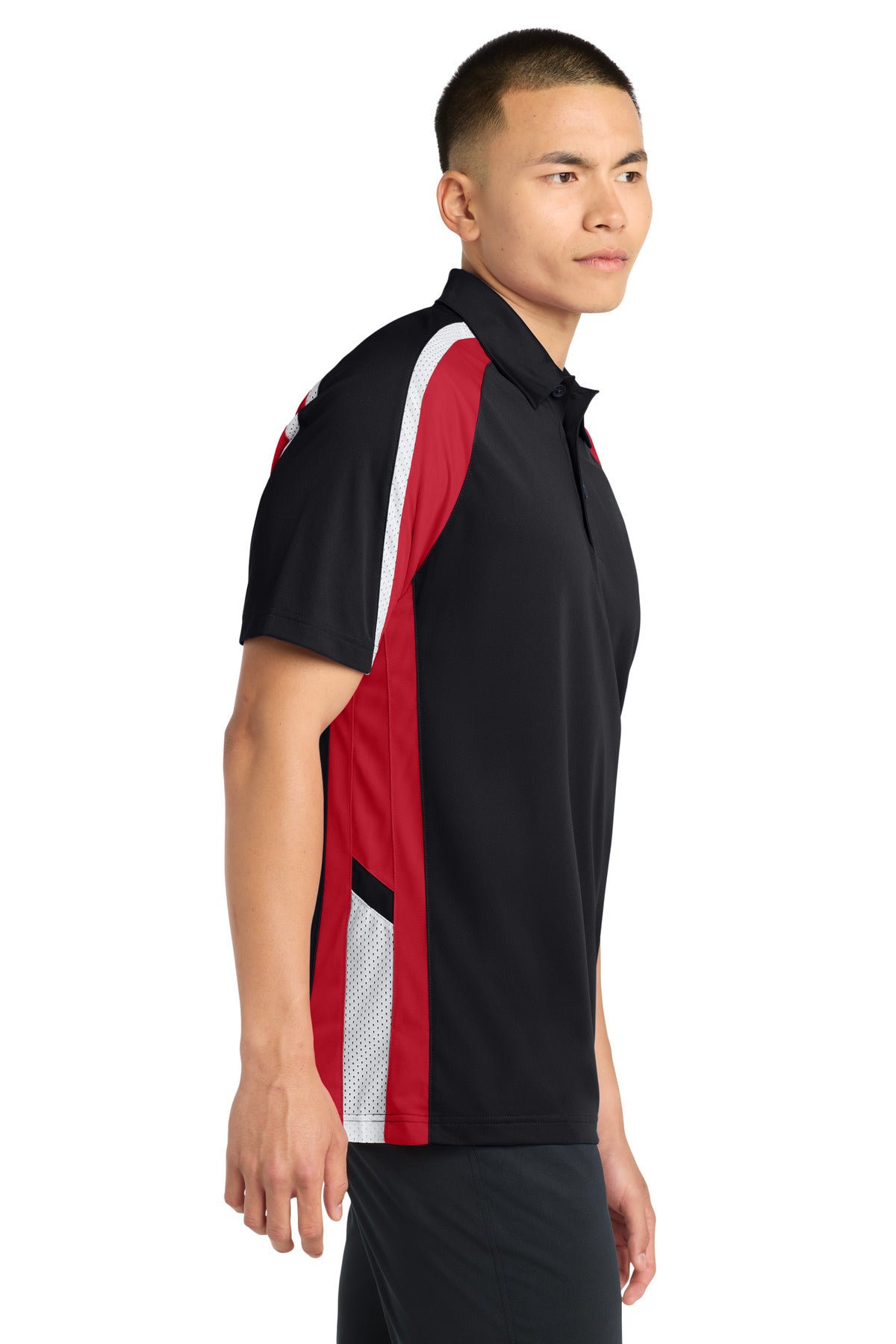 DISCONTINUED Sport-Tek Tricolor Micropique Sport-Wick Polo. ST654 - Black/ True Red/ White - side