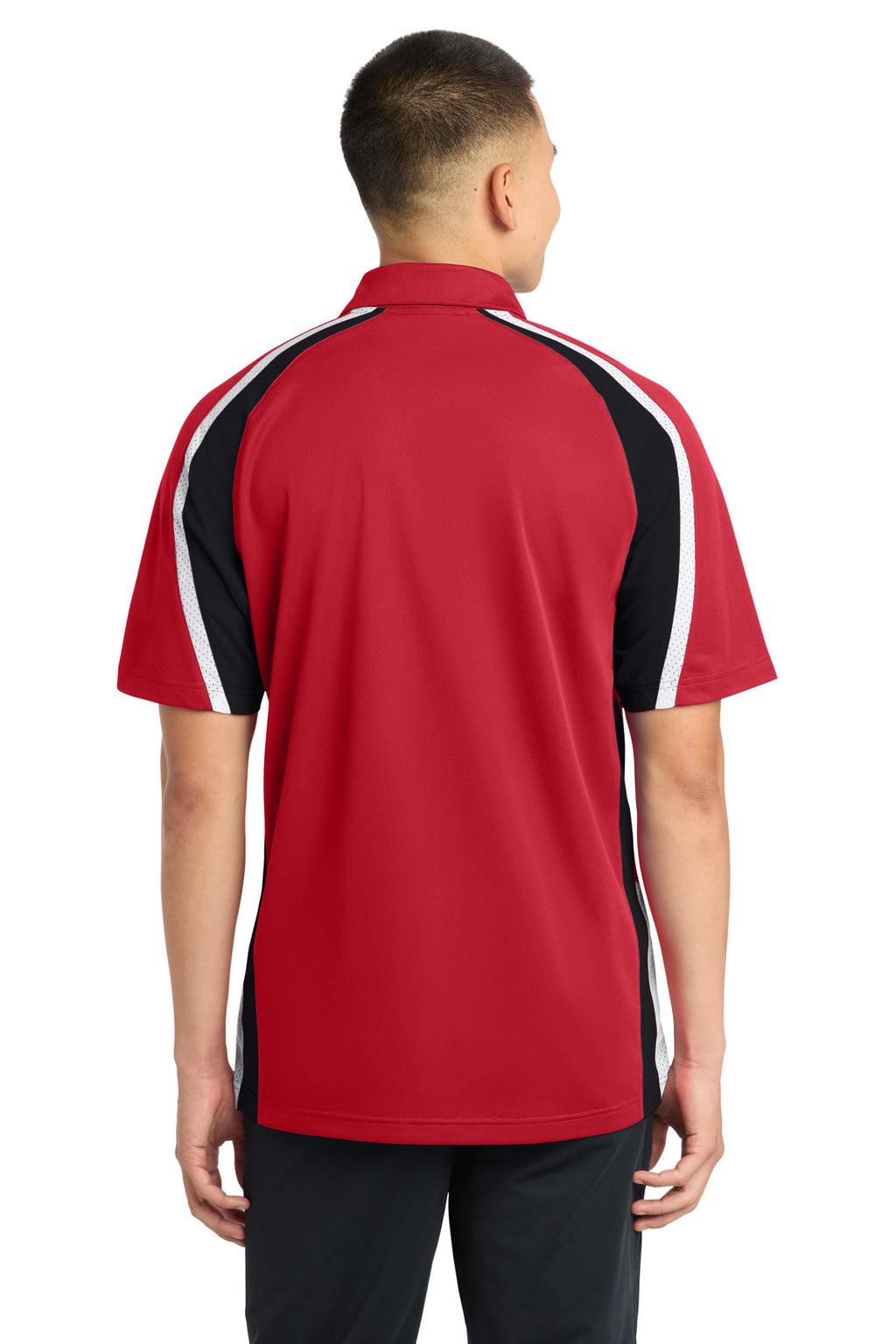 DISCONTINUED Sport-Tek Tricolor Micropique Sport-Wick Polo. ST654 - True Red/ Black/ White - back