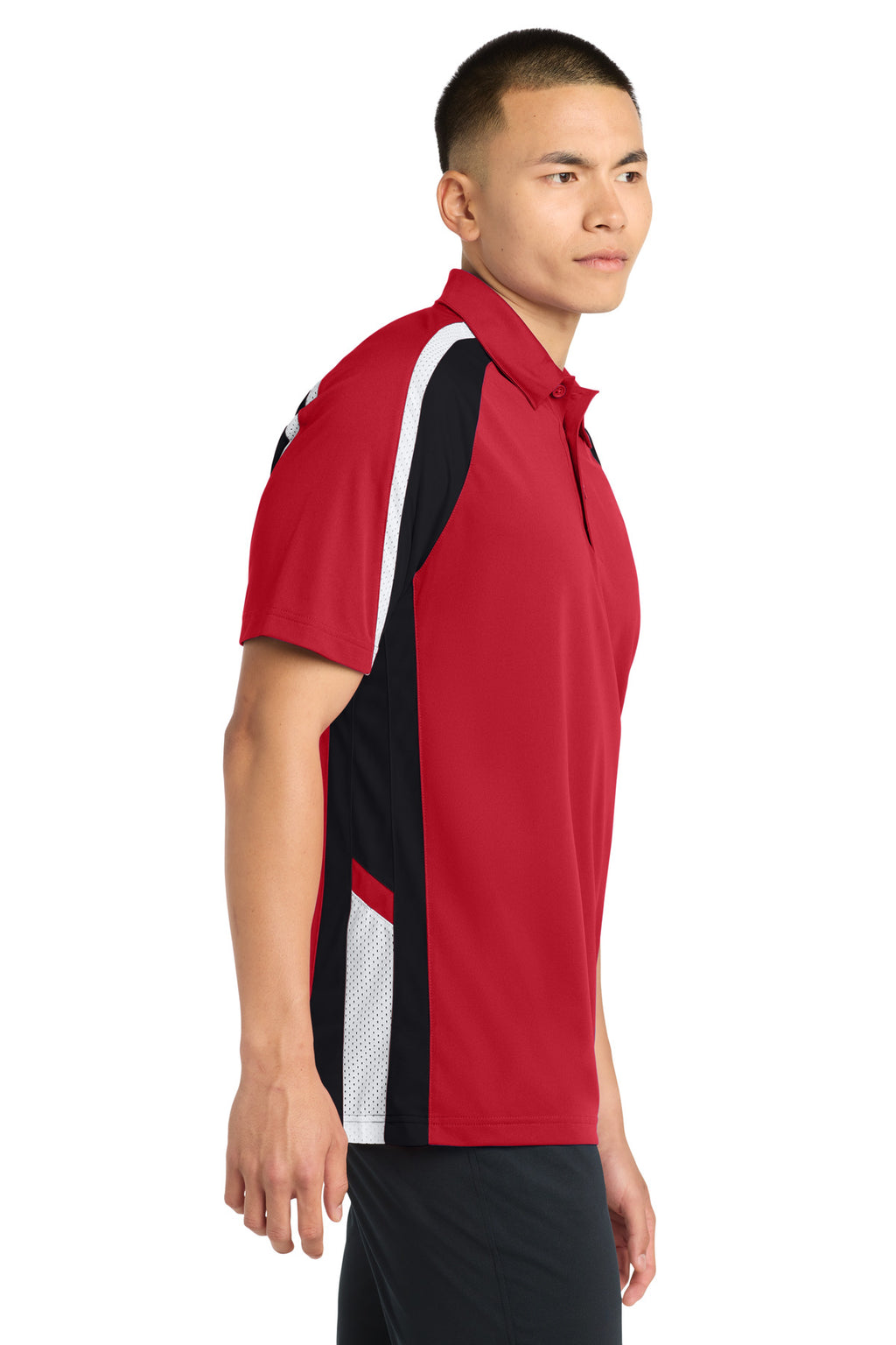 DISCONTINUED Sport-Tek Tricolor Micropique Sport-Wick Polo. ST654 - True Red/ Black/ White - side