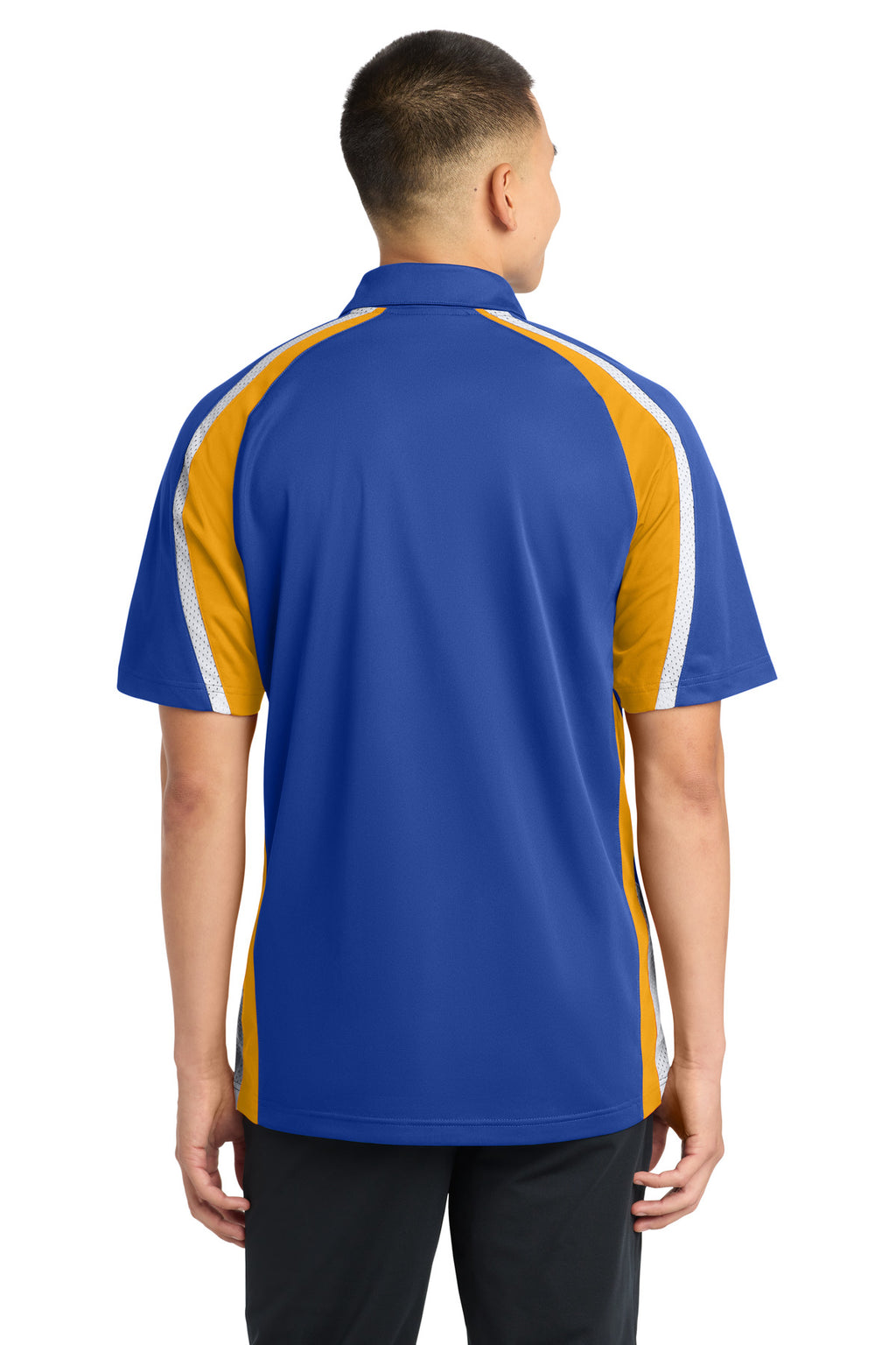 DISCONTINUED Sport-Tek Tricolor Micropique Sport-Wick Polo. ST654 - True Royal/ Gold/ White - back