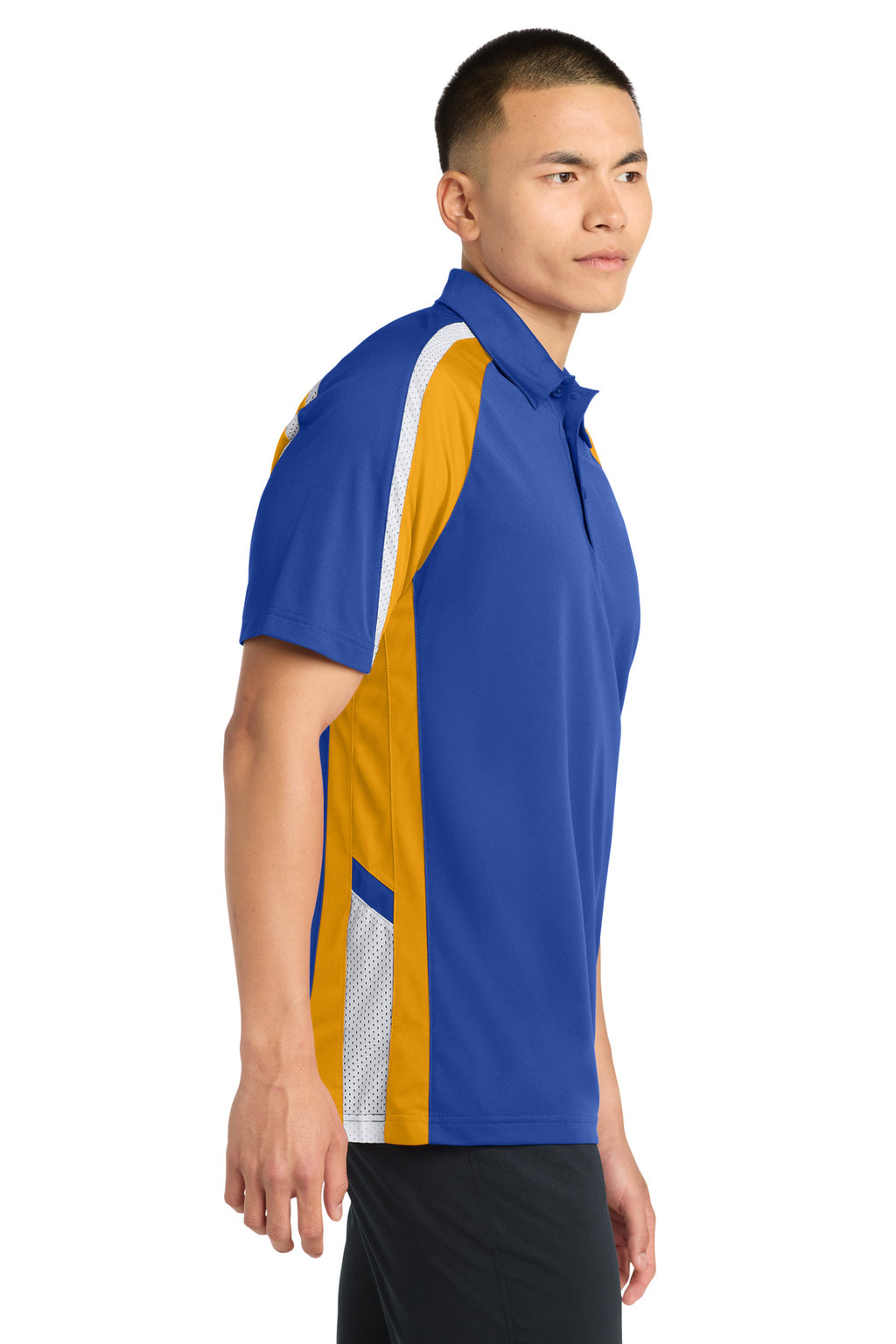 DISCONTINUED Sport-Tek Tricolor Micropique Sport-Wick Polo. ST654 - True Royal/ Gold/ White - side