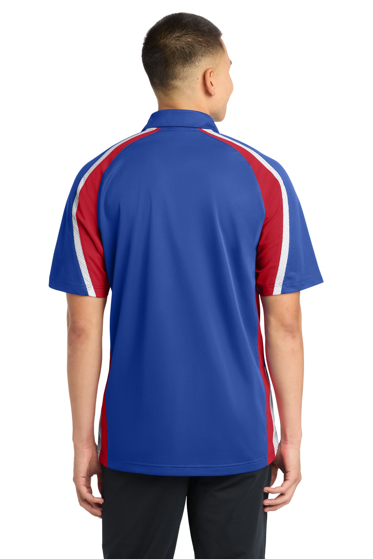 DISCONTINUED Sport-Tek Tricolor Micropique Sport-Wick Polo. ST654 - True Royal/ True Red/ White - back