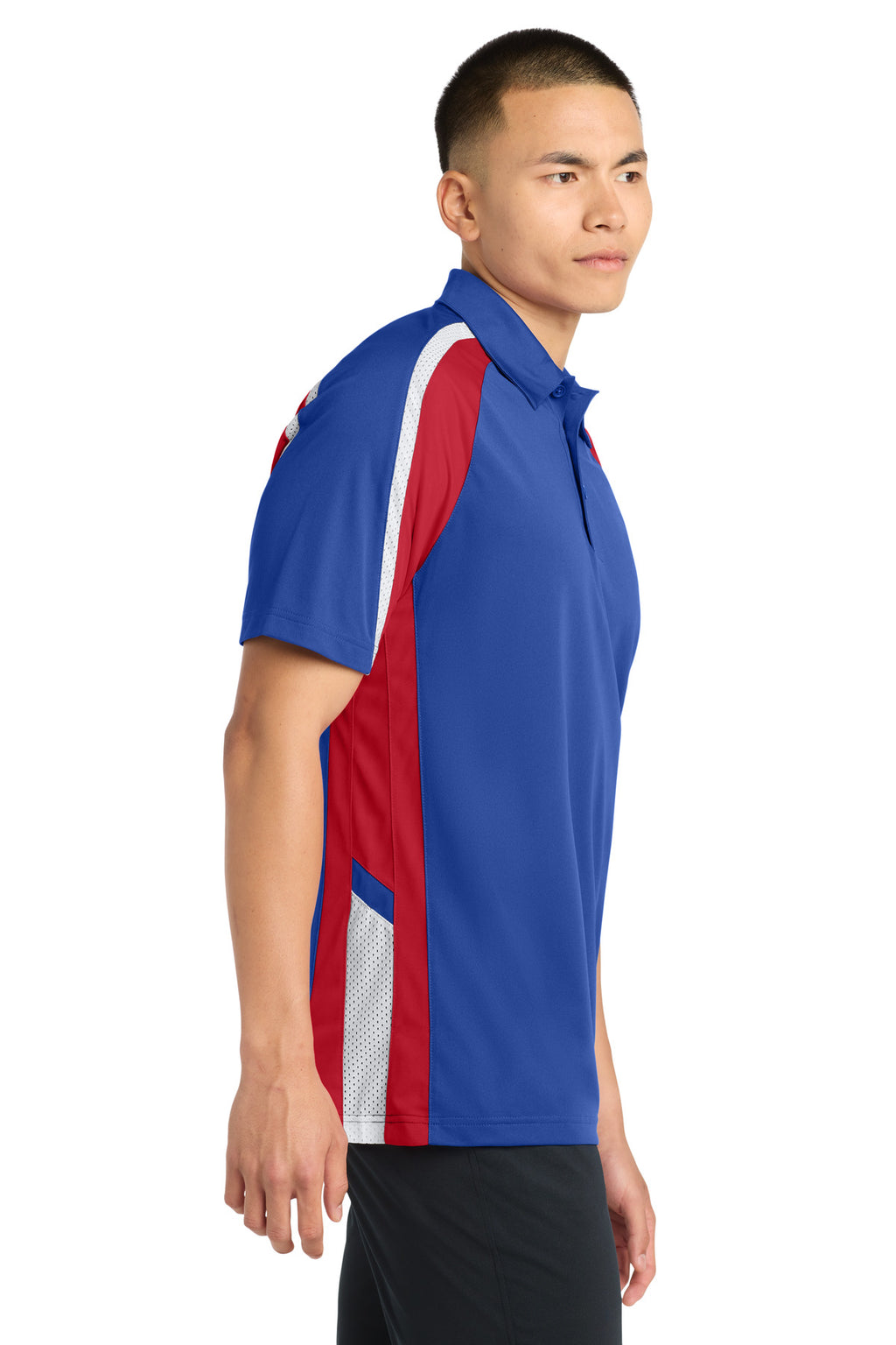 DISCONTINUED Sport-Tek Tricolor Micropique Sport-Wick Polo. ST654 - True Royal/ True Red/ White - side