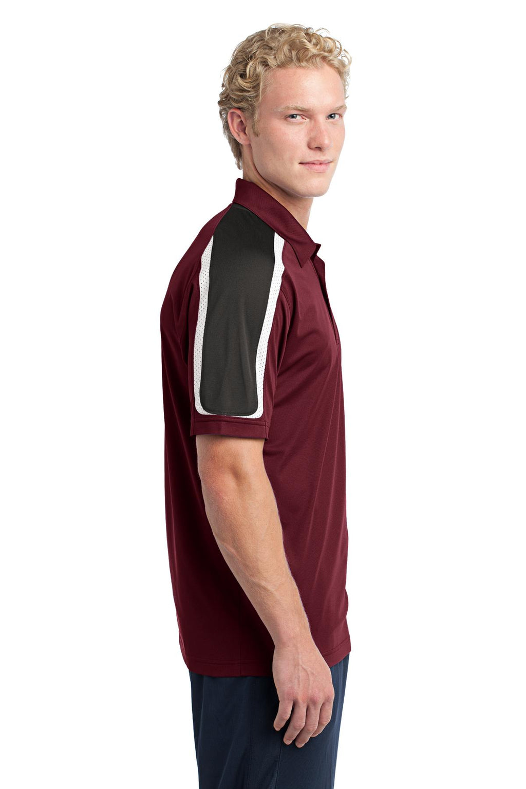 Sport-Tek Tricolor Shoulder Micropique Sport-Wick Polo. ST658 - Maroon/ Black/ White - side