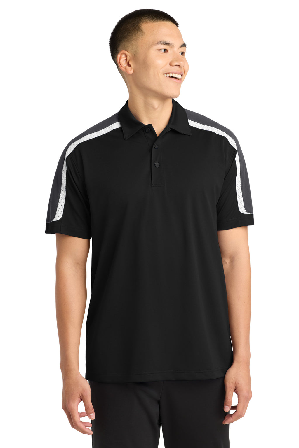 Sport-Tek Tricolor Shoulder Micropique Sport-Wick Polo. ST658 - Black/ Iron Grey/ White - front