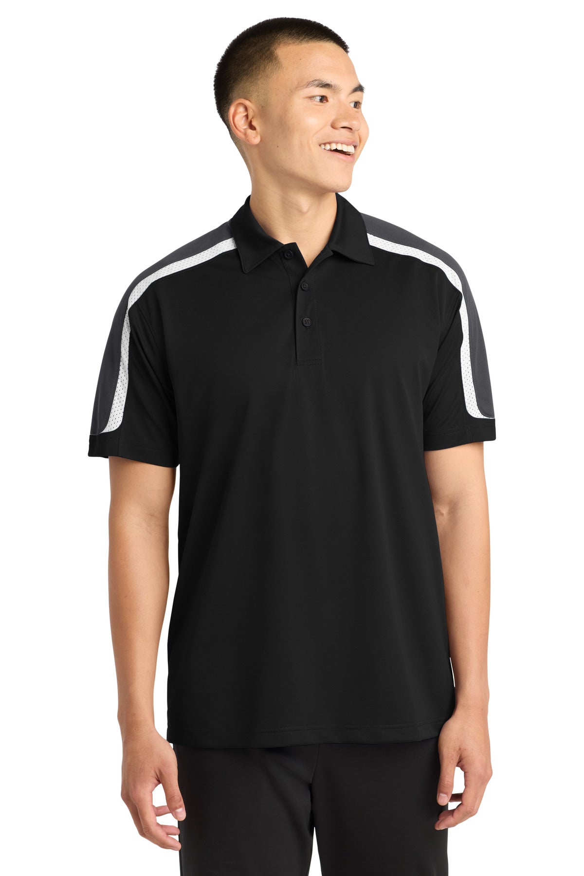 Sport-Tek Tricolor Shoulder Micropique Sport-Wick Polo. ST658 - Black/ Iron Grey/ White - front