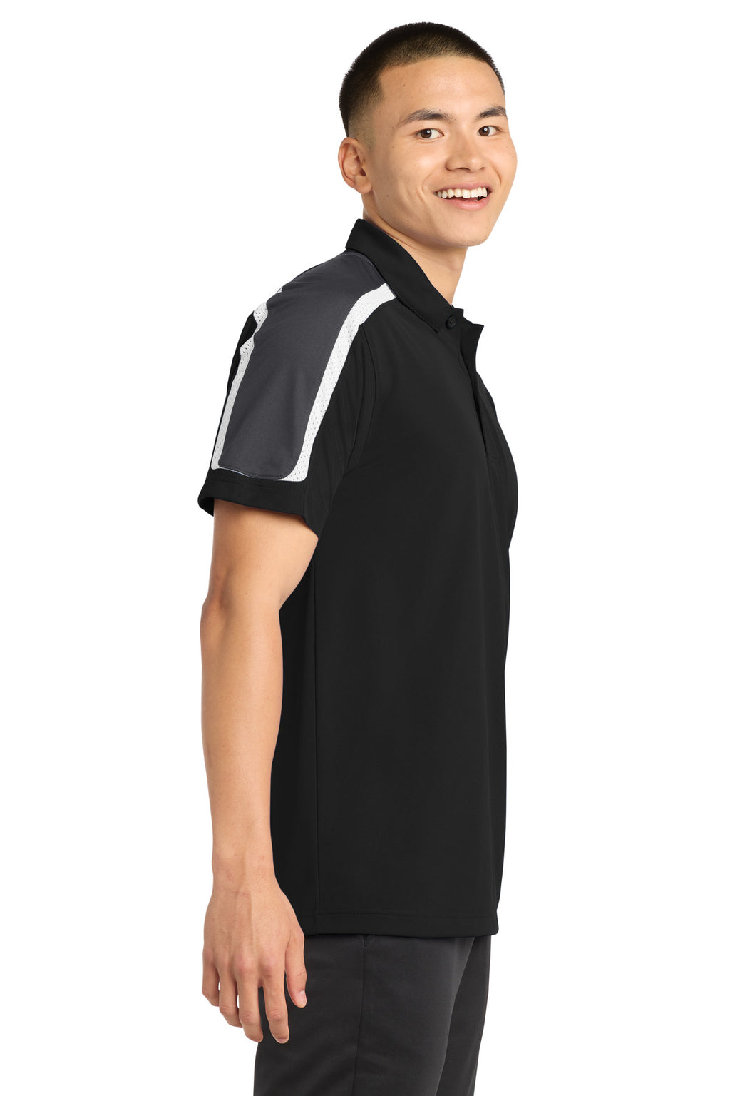 Sport-Tek Tricolor Shoulder Micropique Sport-Wick Polo. ST658 - Black/ Iron Grey/ White - side