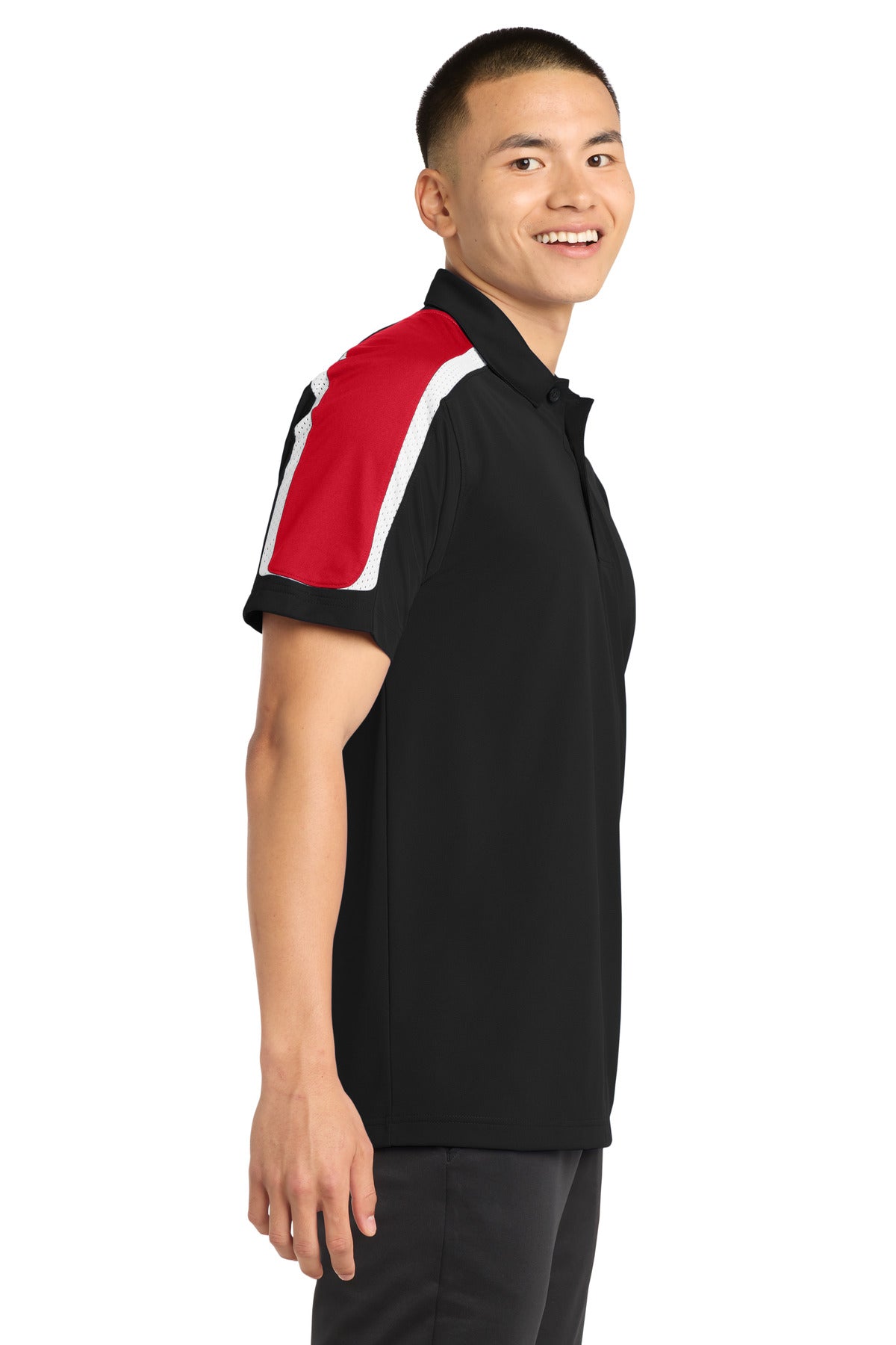 Sport-Tek Tricolor Shoulder Micropique Sport-Wick Polo. ST658 - Black/ True Red/ White - side