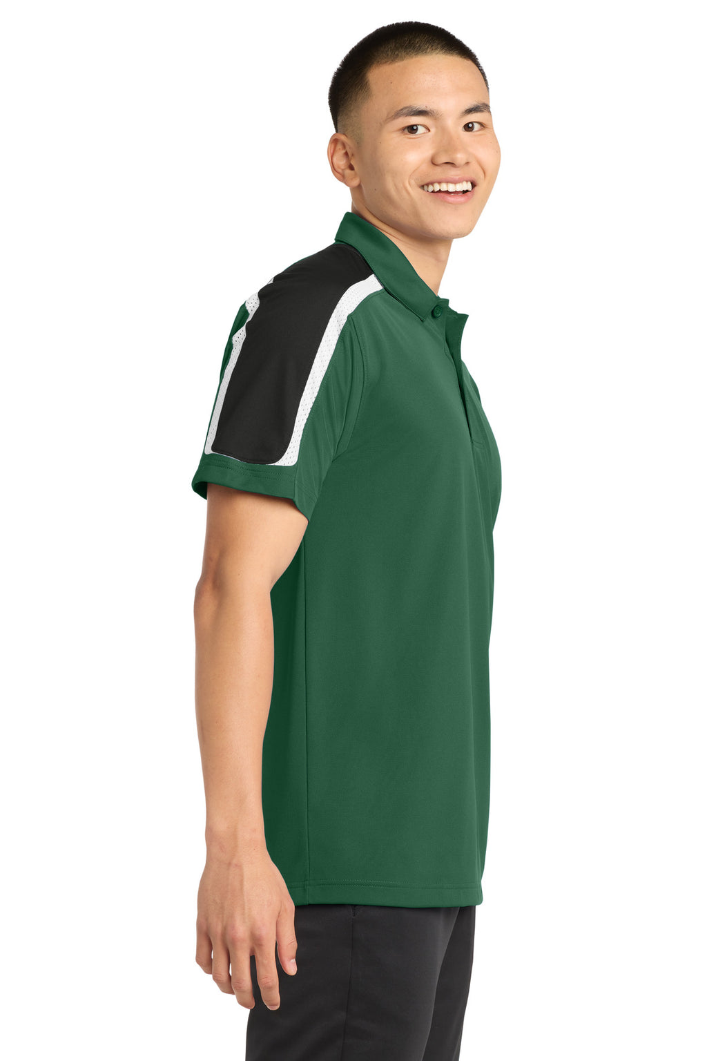 Sport-Tek Tricolor Shoulder Micropique Sport-Wick Polo. ST658 - Forest Green/ Black/ White - side