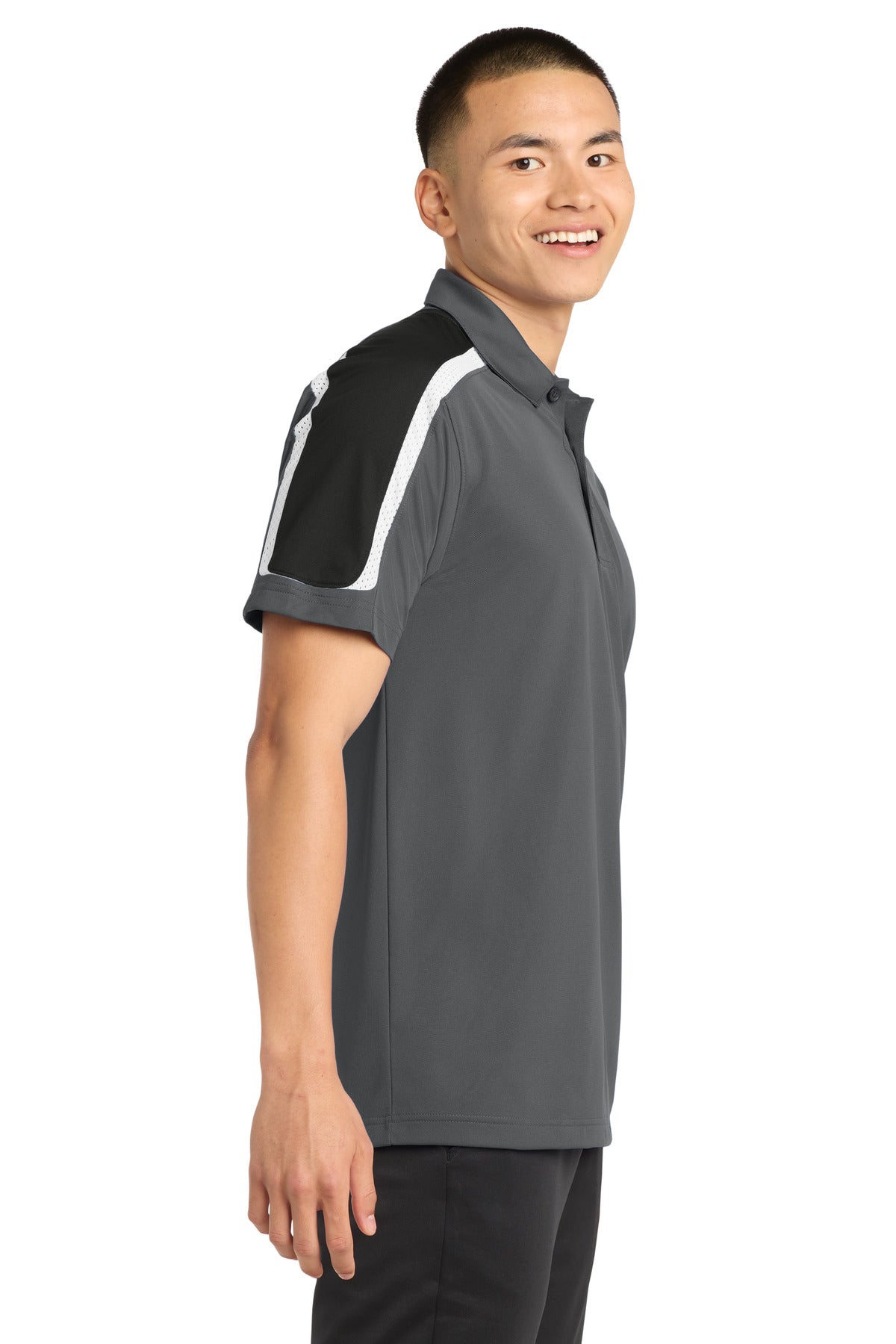 Sport-Tek Tricolor Shoulder Micropique Sport-Wick Polo. ST658 - Iron Grey/ Black/ White - side