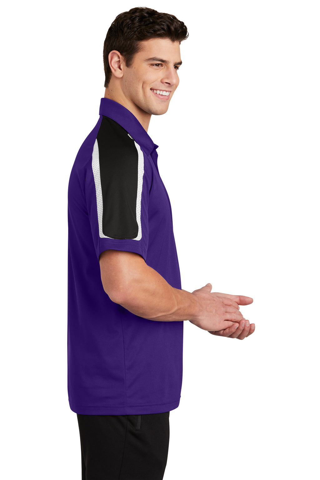 Sport-Tek Tricolor Shoulder Micropique Sport-Wick Polo. ST658 - Purple/ Black/ White - side