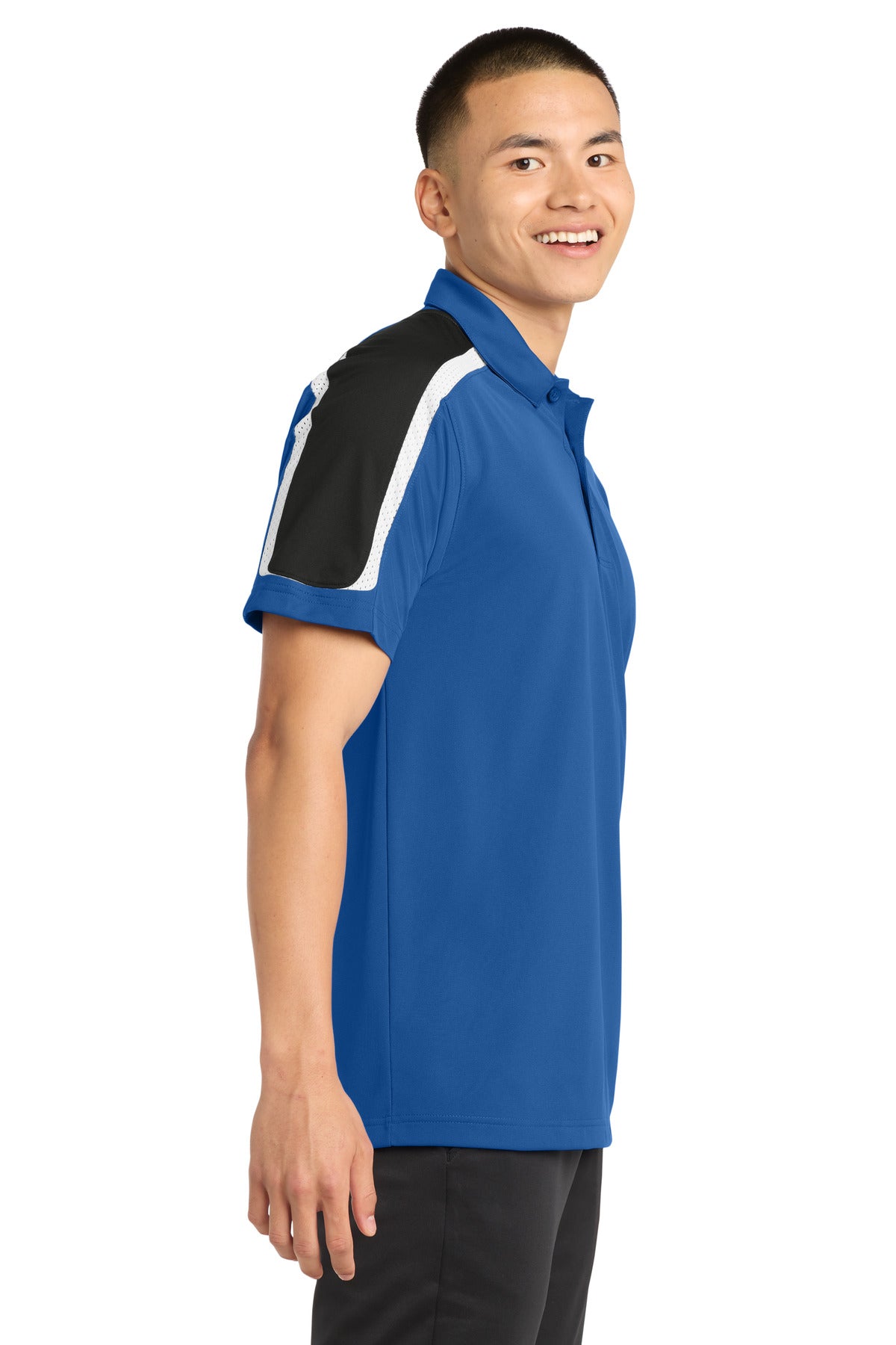 Sport-Tek Tricolor Shoulder Micropique Sport-Wick Polo. ST658 - True Royal/ Black/ White - side