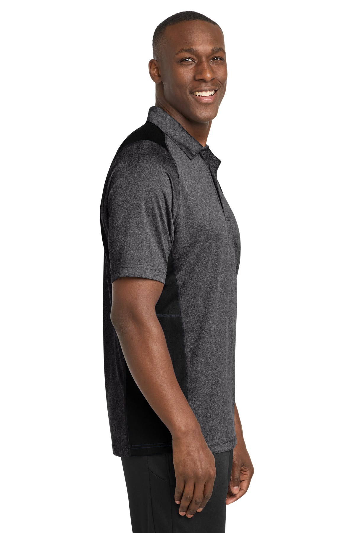 Sport-Tek Heather Colorblock Contender Polo. ST665 - Graphite Heather/ Black - side