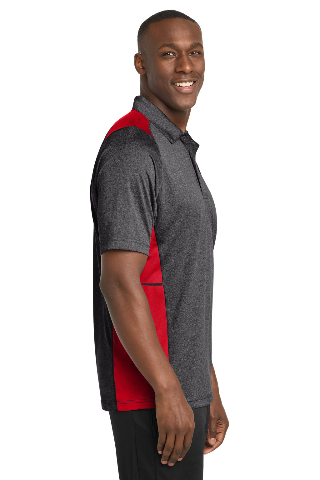 Sport-Tek Heather Colorblock Contender Polo. ST665 - Graphite Heather/ True Red - side