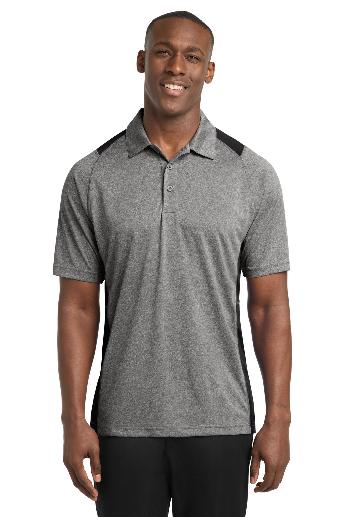 Sport-Tek Heather Colorblock Contender Polo. ST665 - Vintage Heather/ Black - front