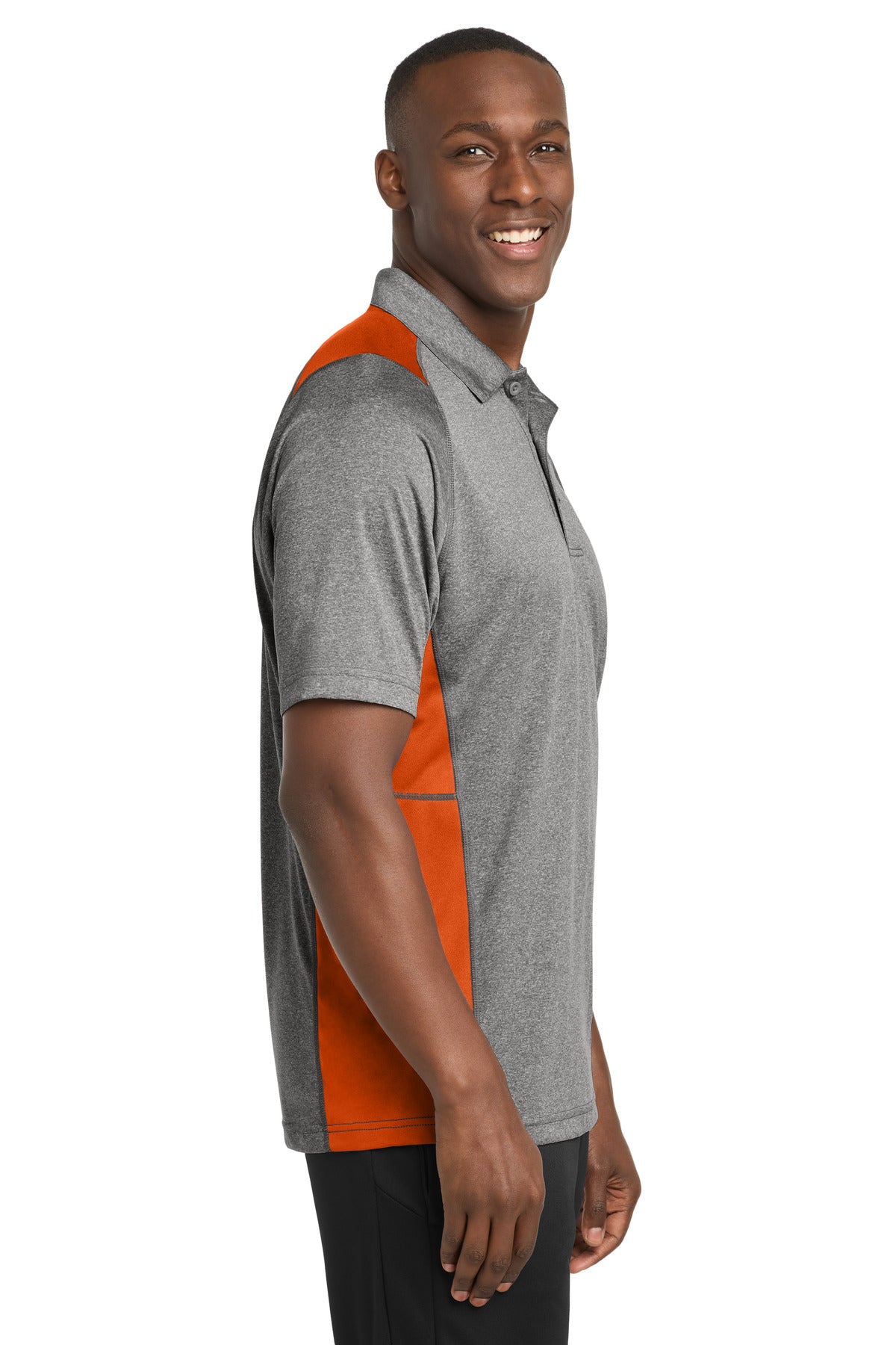 Sport-Tek Heather Colorblock Contender Polo. ST665 - Vintage Heather/ Deep Orange - side