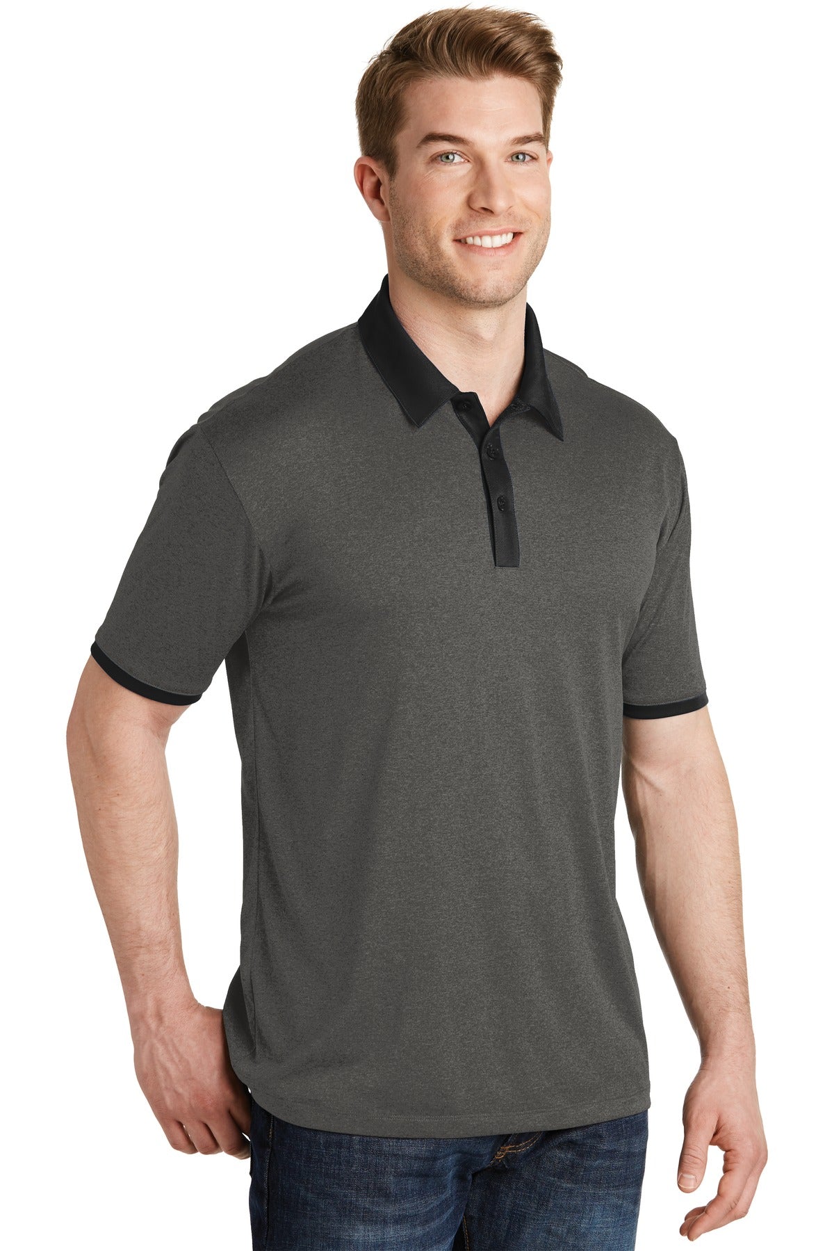 DISCONTINUED Sport-Tek Heather Contender Contrast Polo. ST667 - Graphite Heather/ Black - three_q