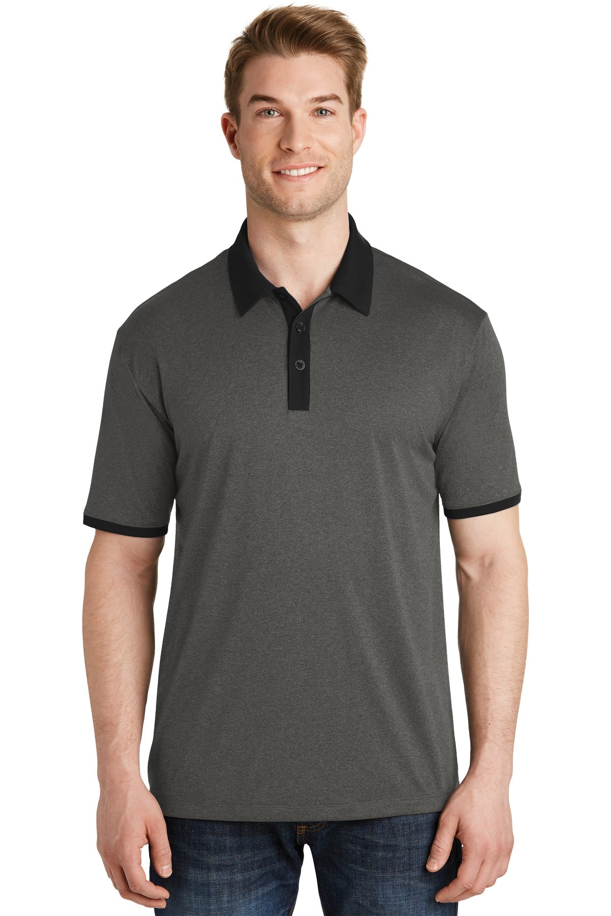 DISCONTINUED Sport-Tek Heather Contender Contrast Polo. ST667 - Graphite Heather/ Black - front