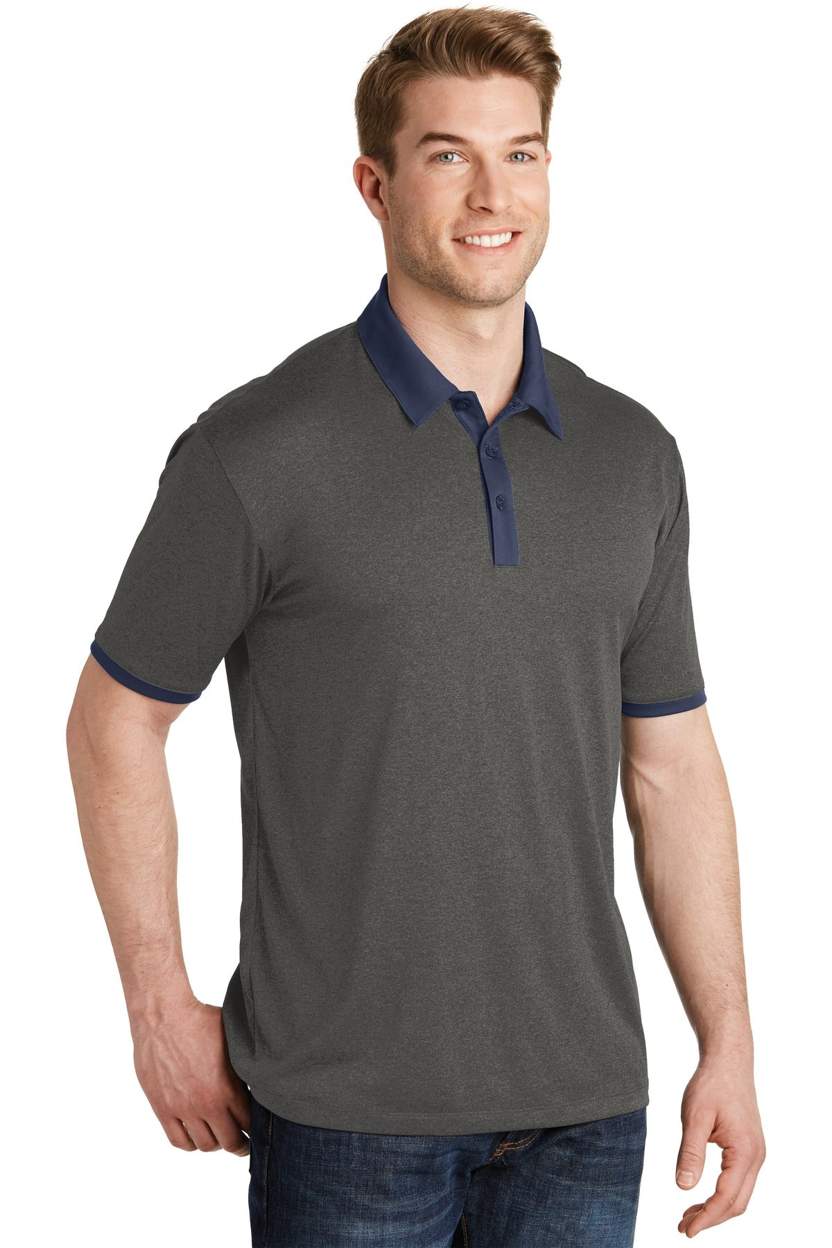 DISCONTINUED Sport-Tek Heather Contender Contrast Polo. ST667 - Graphite Heather/ True Navy - three_q