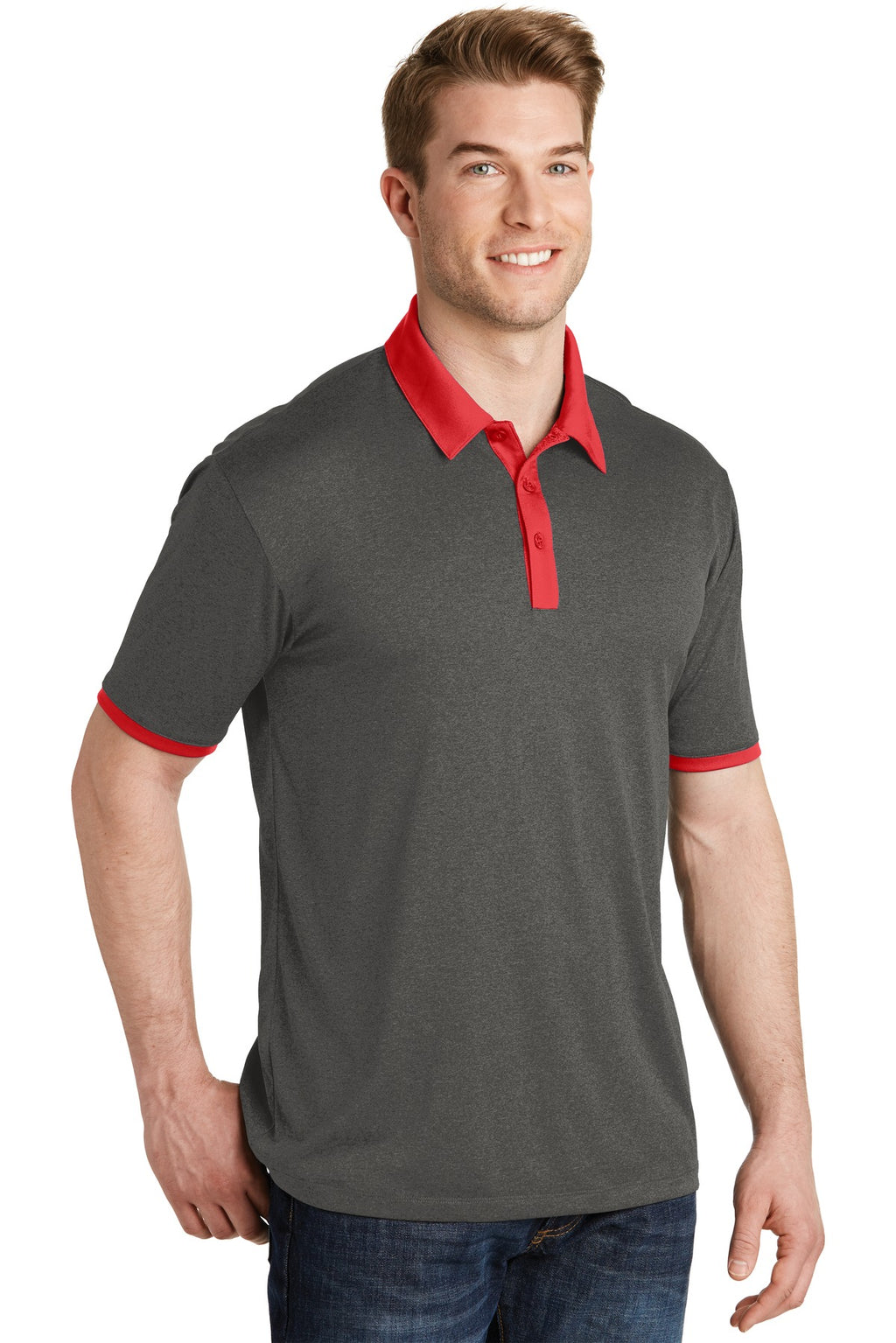 DISCONTINUED Sport-Tek Heather Contender Contrast Polo. ST667 - Graphite Heather/ True Red - three_q