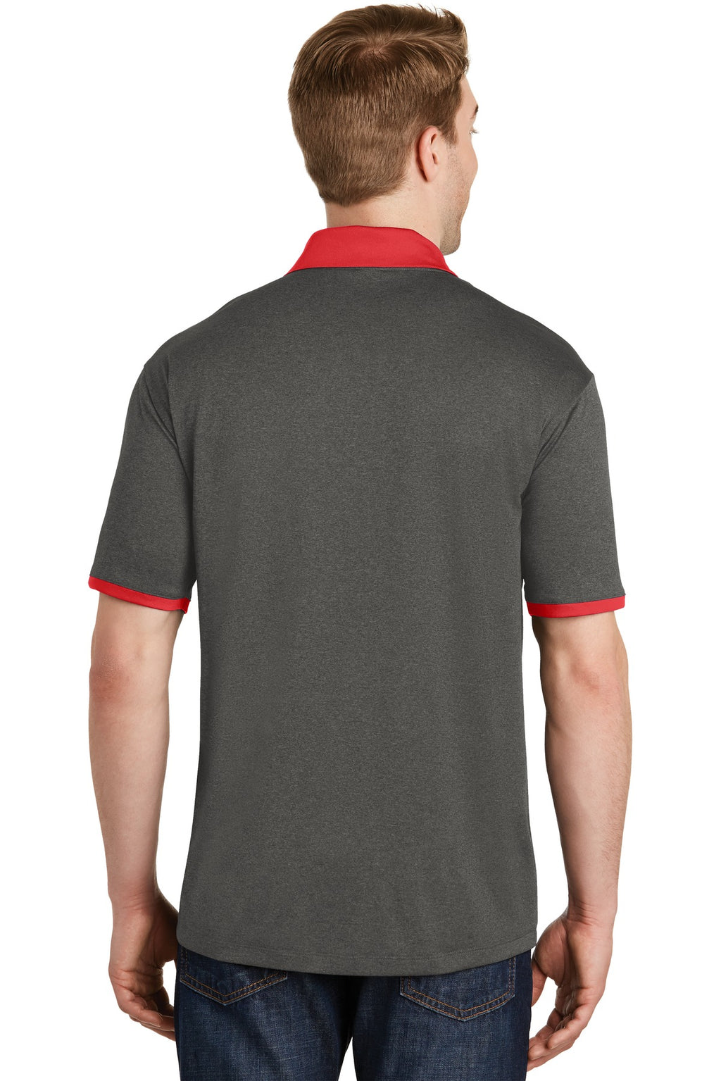 DISCONTINUED Sport-Tek Heather Contender Contrast Polo. ST667 - Graphite Heather/ True Red - back