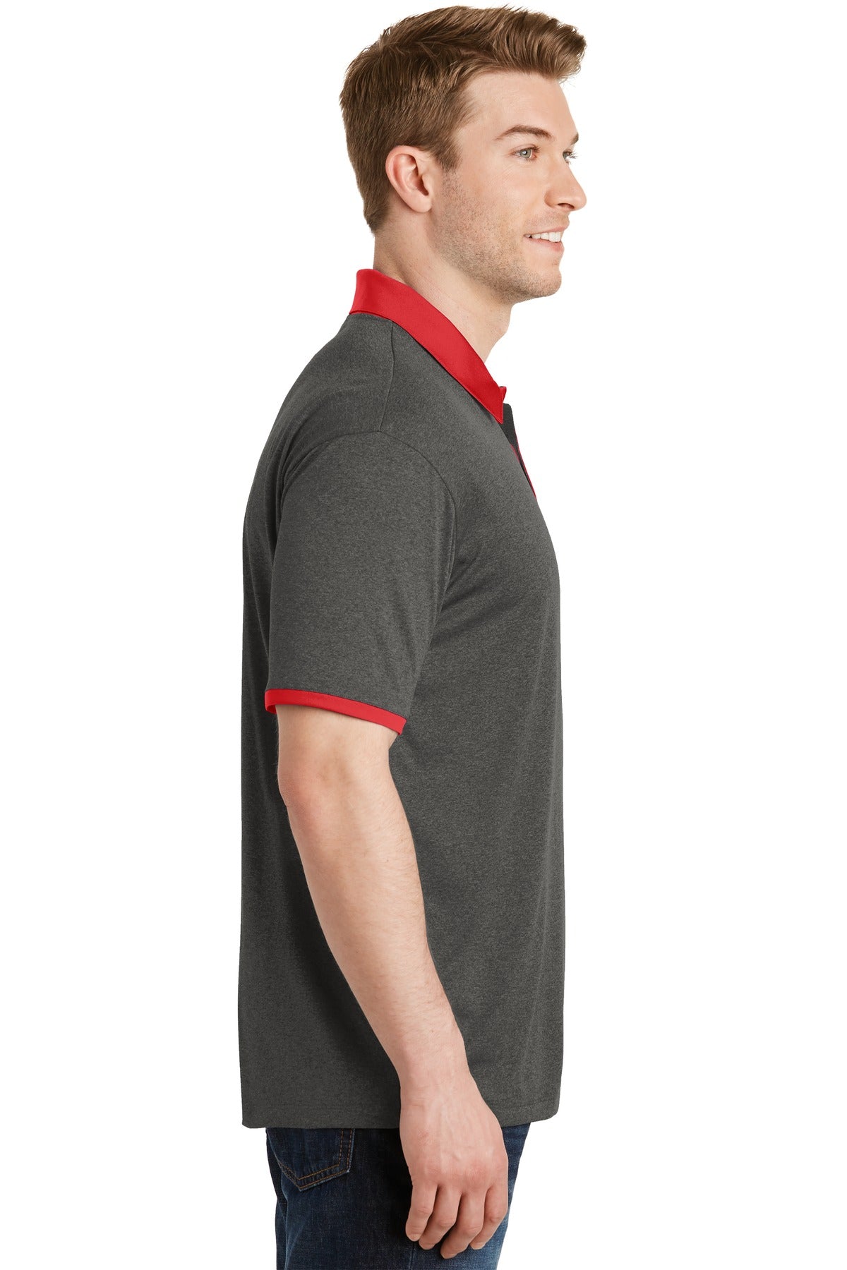 DISCONTINUED Sport-Tek Heather Contender Contrast Polo. ST667 - Graphite Heather/ True Red - side
