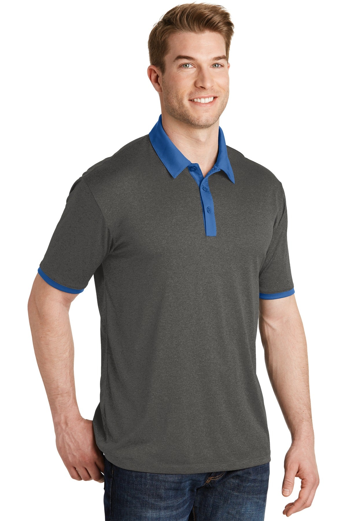 DISCONTINUED Sport-Tek Heather Contender Contrast Polo. ST667 - Graphite Heather/ True Royal - three_q