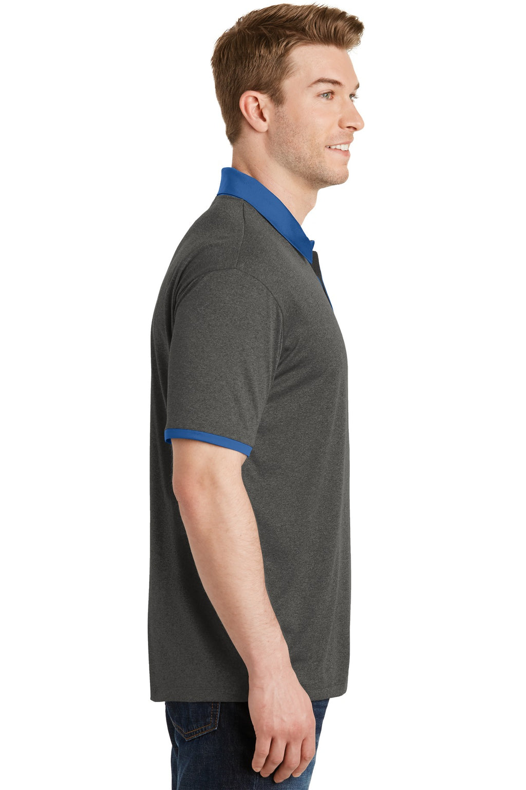 DISCONTINUED Sport-Tek Heather Contender Contrast Polo. ST667 - Graphite Heather/ True Royal - side