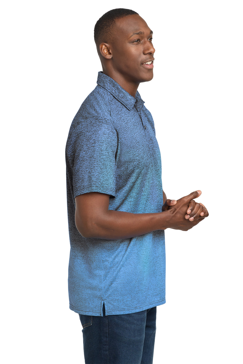 Sport-Tek Ombre Heather Polo. ST671 - Carolina Blue/ True Navy - side