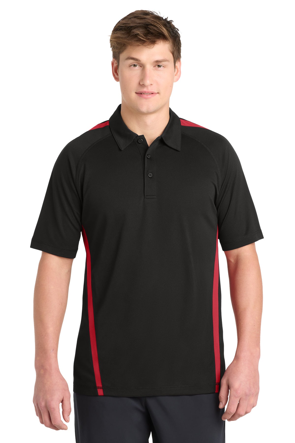 Sport-Tek PosiCharge Micro-Mesh Colorblock Polo. ST685 - Black/ Red - front