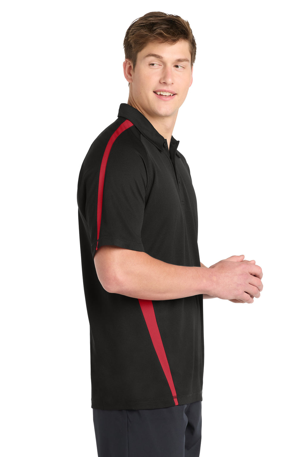 Sport-Tek PosiCharge Micro-Mesh Colorblock Polo. ST685 - Black/ Red - side